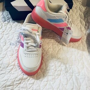 adidas Kids White Sneakers with Pink, Blue, and Purple Accents